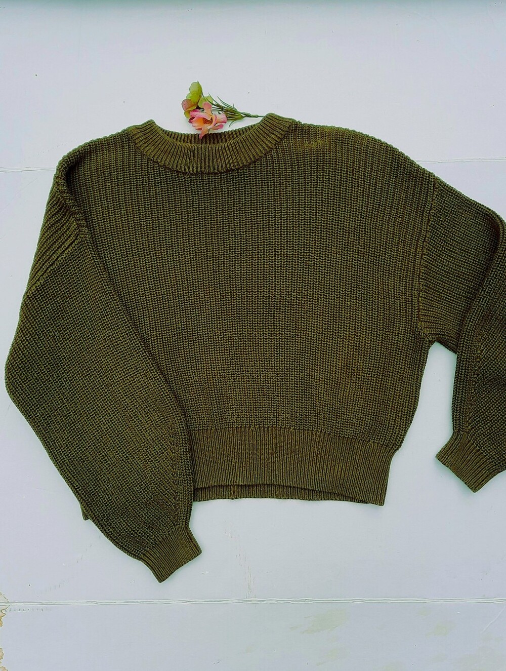 H&M Olive Green Knit Pullover Sweater Cotton/Acrylic, Oversize Crop